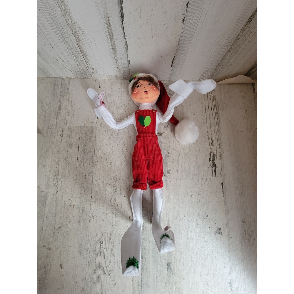 Annalee tall red standing elf mistletoe vintage overalls Xmas home‎ decor